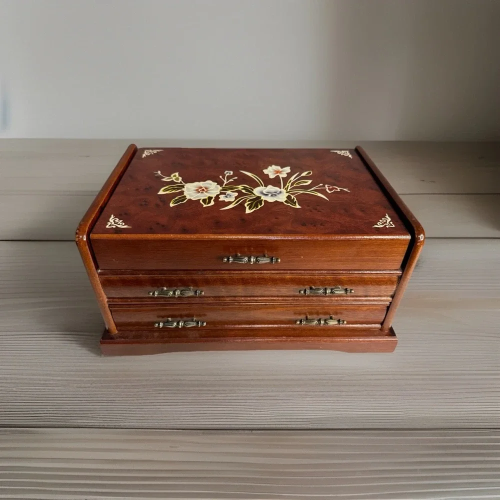 Wooden Burl Walnut Finish Floral Jewelry Box With Mirror